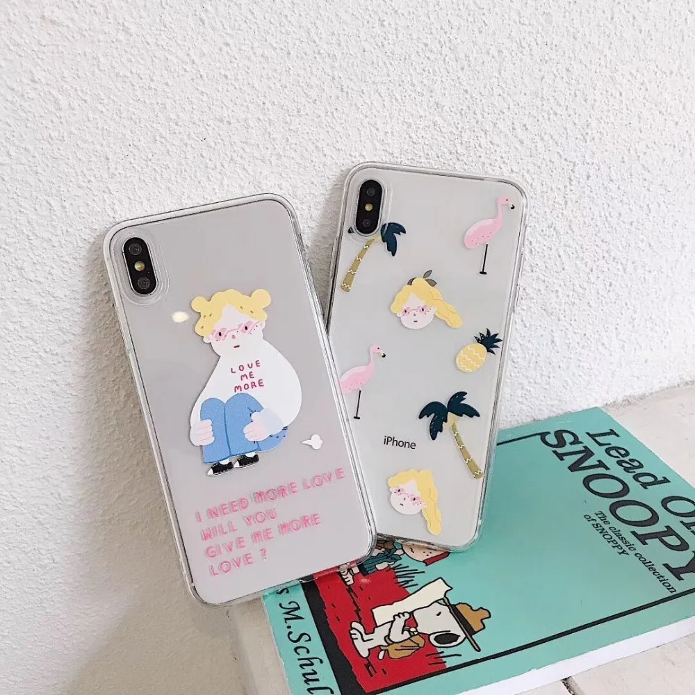 

PEIPENG Simple transparency Flamingo girl shell For iPhone 7 7Plus 6 6S 6Plus 8 8Plus X XR XS Max TPU Anti-fall Phone case
