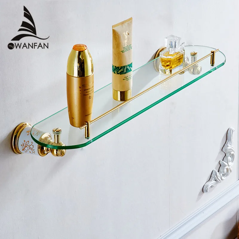 Bathroom Shelves Tempered Glass Gold Brass Shower Rack Shampoo Cosmetic