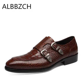 

New mens genuine leather dress shoes men fashion pointed toe buckle embossed cow leather oxford wedding shoes office work shoes