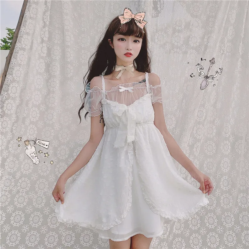 

Pure White Big Bow Open Front Cute Women's Summer Dress Suspender One Piece & Bow Transparent Inner Shirt 2PCS Set