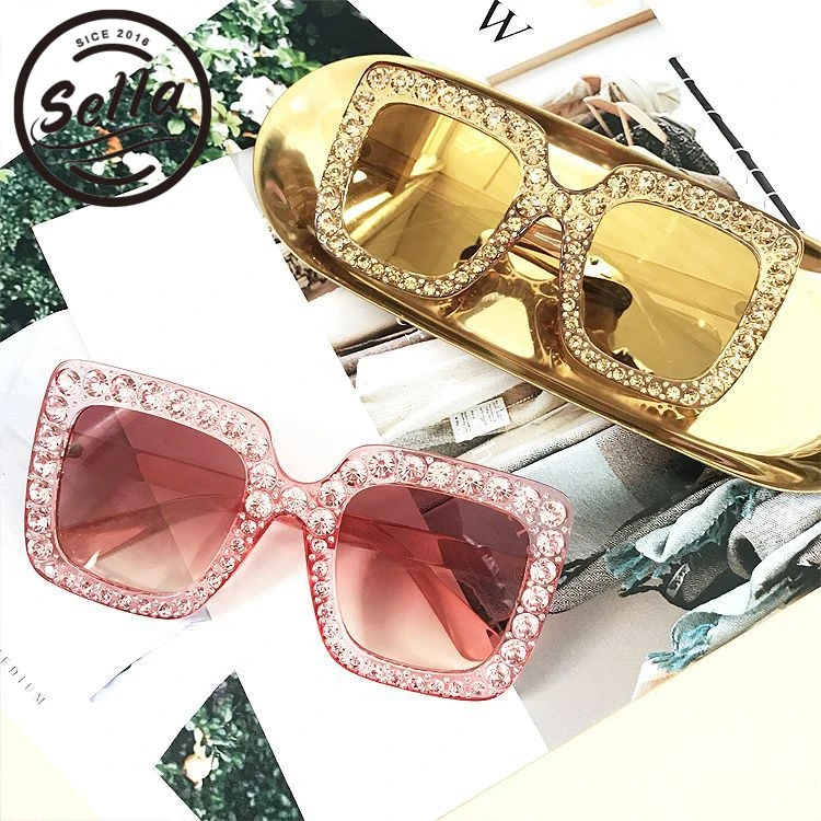 Селла Европейский Стиль негабаритных квадратные со стразами Для женщин солнцезащитные очки Роскошные дамы красочные блестящие солнцезащитные очки T-show