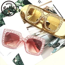 Sella European Style Oversized Square Crystal Decoration Women Sunglasses Luxury Ladies Colorful Shining Sun Glasses T-show