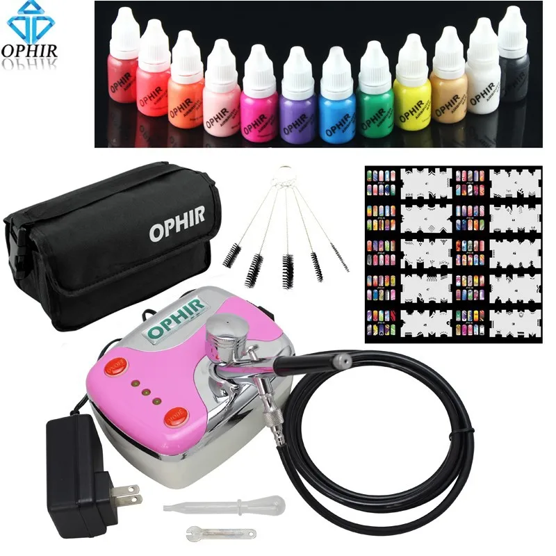 Arte de Unhas e Limpeza Escova de Unha Kit de Airbrush para Unhas Kit com Compressor de ar com 12 Ofir Palmilhas Estêncil 20x Tools_op-na001p 2 com compressor de ar 12 tintas de