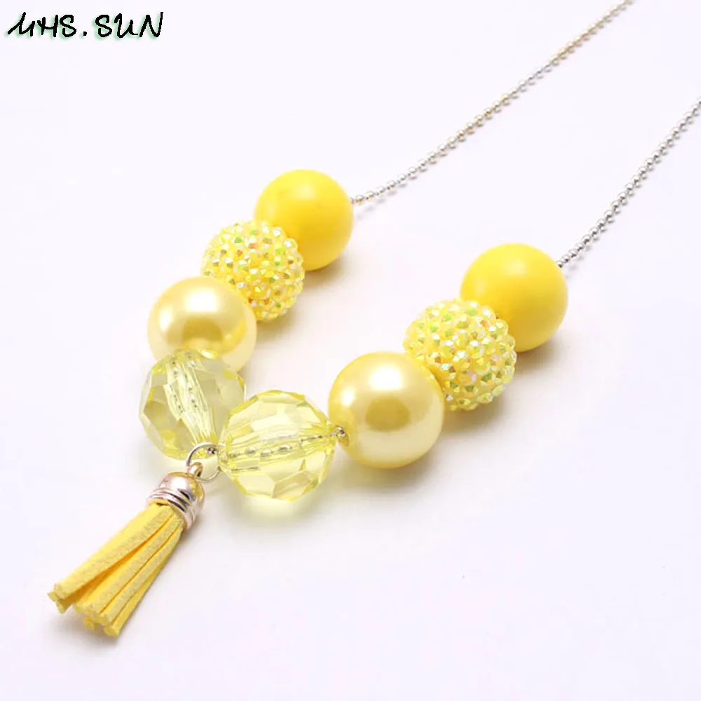 BN598-1 (1),$1.8-1PC,50g.Child Kids Beads Chunky Necklace Fashion Yellow Color Tassel Chunky Bubblegum Necklace For Girls Toddler Jewelry 