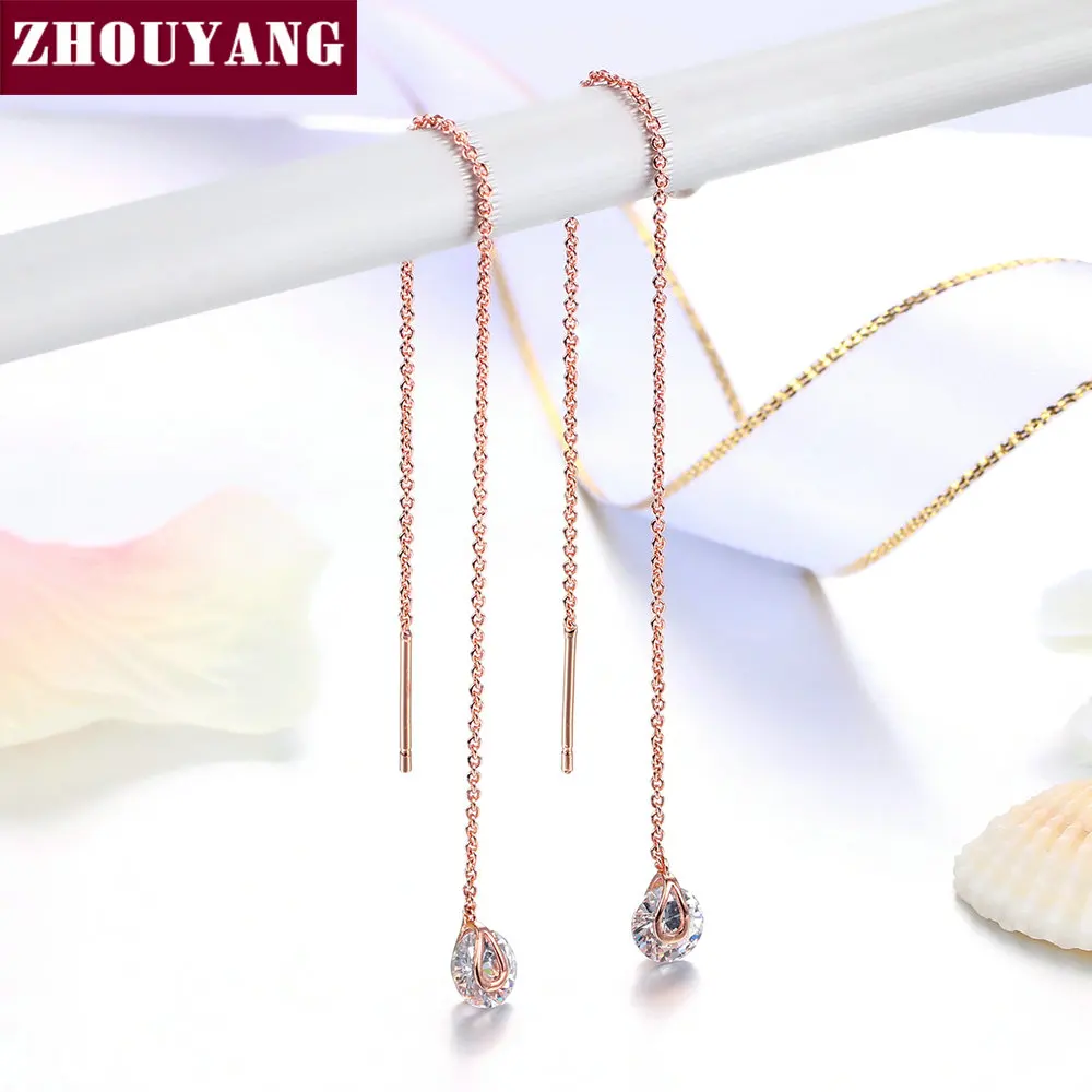 Женские серьги цепочки ZHOUYANG 6 мм фианит длина 11 см розовое золото модные