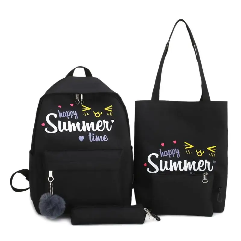 

4pcs/set Composite Bags Large Capacity Women Letter Print Canvas Shoulder Pencil Bags Clutch Pen Bags Backpacks with Hair Ball