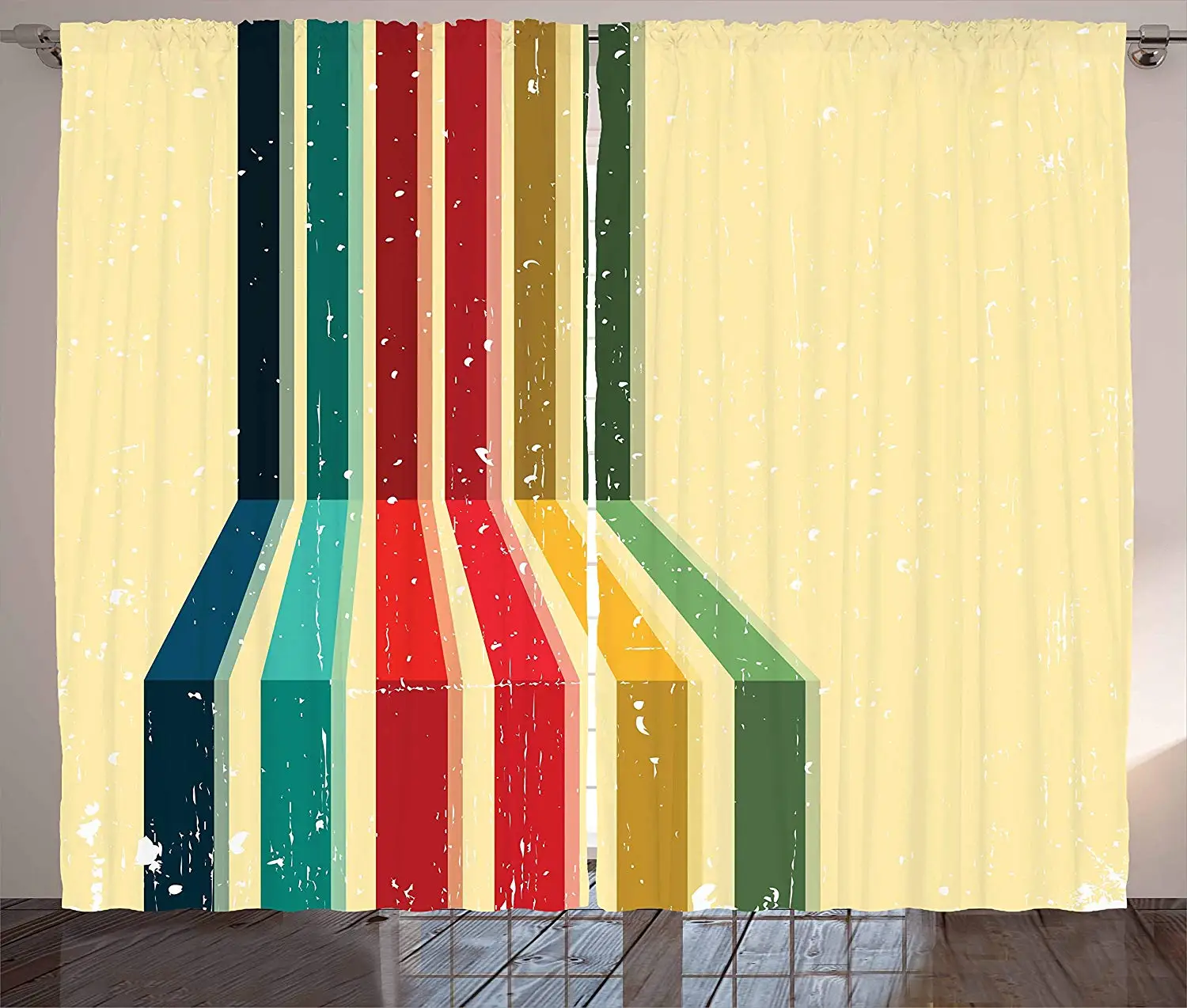Vintage Rainbow Curtains Vertical Colored Stripes with Grunge Effect on a Pale Yellow Background Living Room Bedroom Window | Дом и сад