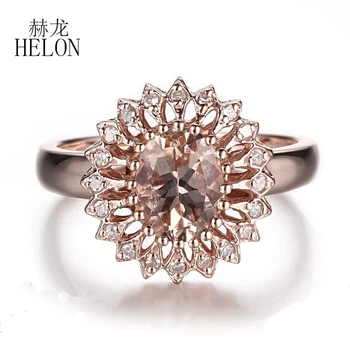 

HELON Gorgeous Fine Jewelry Ring Solid 10K Rose Gold Natural Diamonds Ring Pink Morganite Oval Shape 9x7mm Wedding Fine Ring
