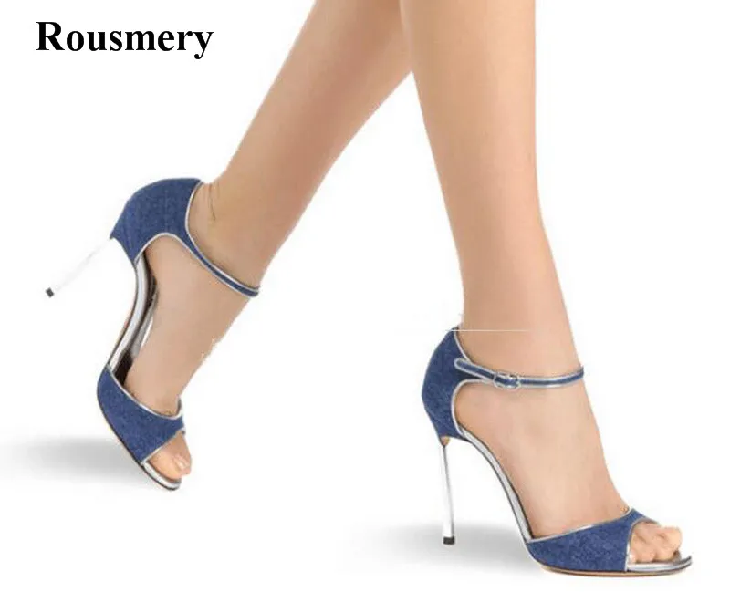 New Fashion Women Ankle Strap Denim High Heel Sandals Cut-out Jean Strange Metal Heel Sandals Formal Dress Wedding Shoes New Fashion Women Ankle Strap Denim High Heel Sandals Cut-out Jean Strange Metal Heel Sandals Formal Dress Wedding Shoes