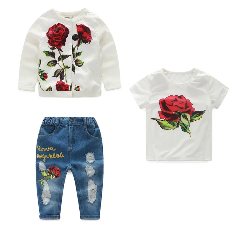 

Teen girl denim suit Spring autumn multiple styles personality Lip print butterfly embroidery color print children's denim suit