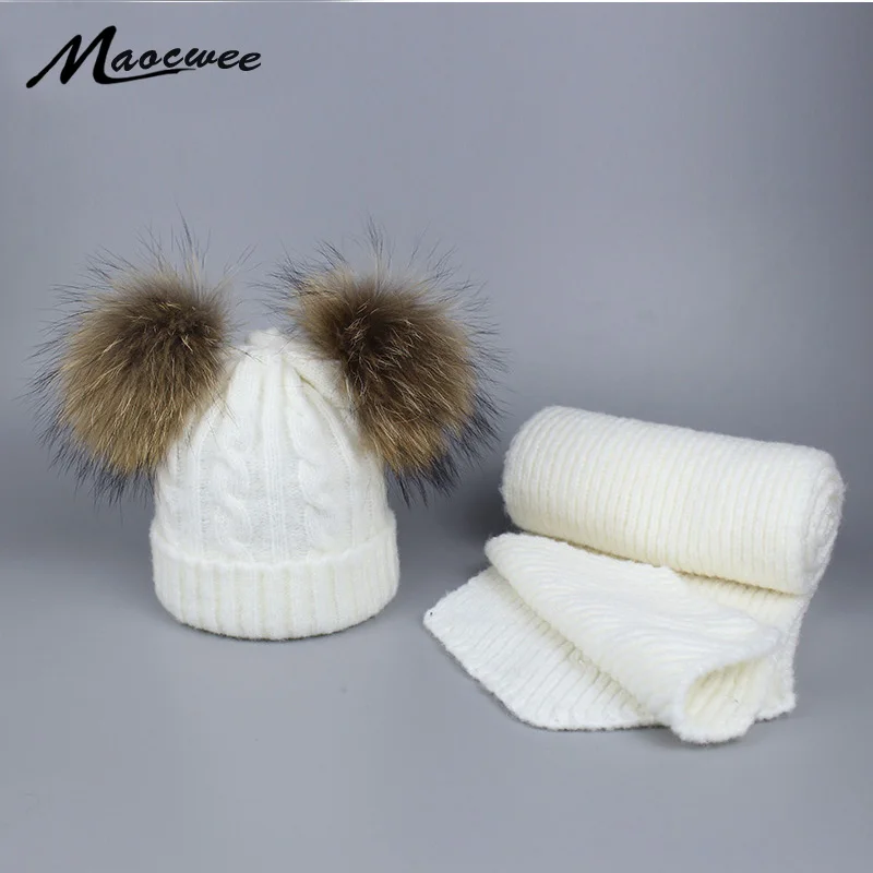 

2017 Winter girl's Warm Hats Knitted Cap and Scarf Set With Two Natural Mink Fur Pompons Hats Balaclava Skull Masks Bone Gorro