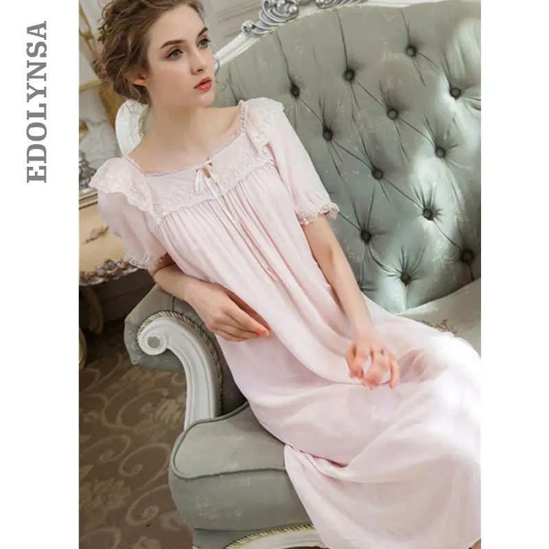 Pink Cotton Sleepwear Bow Ruffle Cotton Home Dress Casual Long Negligee