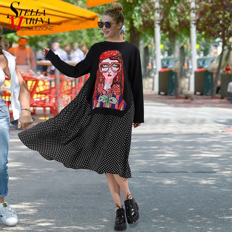 

New 2019 Autumn Winter Women Black Casual Cartoon Dress Polka Dot Print Long Sleeve Ladies Cute Loose Midi Dress robe femme 3243