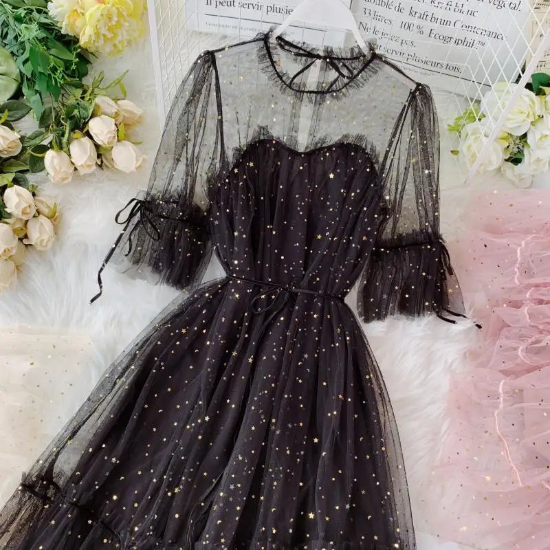 HISUMA/новое летнее женское газовое платье с круглым вырезом и рукавами со звездами, расшитое пайетками, женские элегантные сетчатые платья трапециевидной формы со шнуровкой
