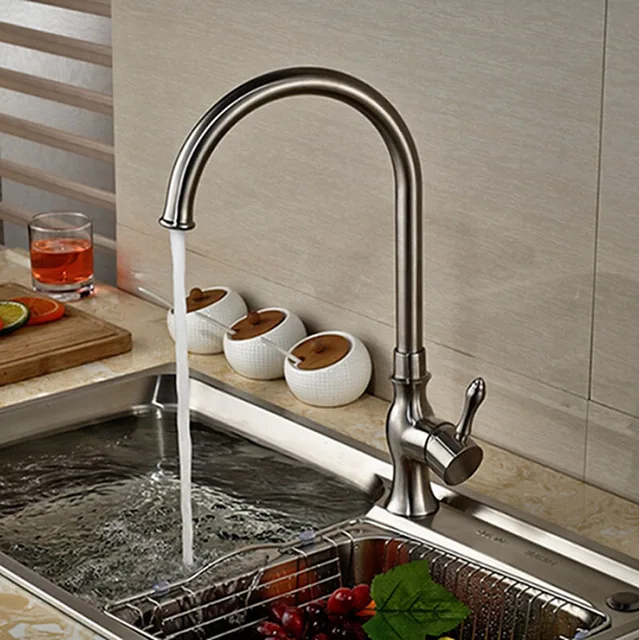 Best Offers Deck Mounted Kitchen Faucet Brushed Nickle Finish Swivel Spout Tap Hot&Cold Faucet