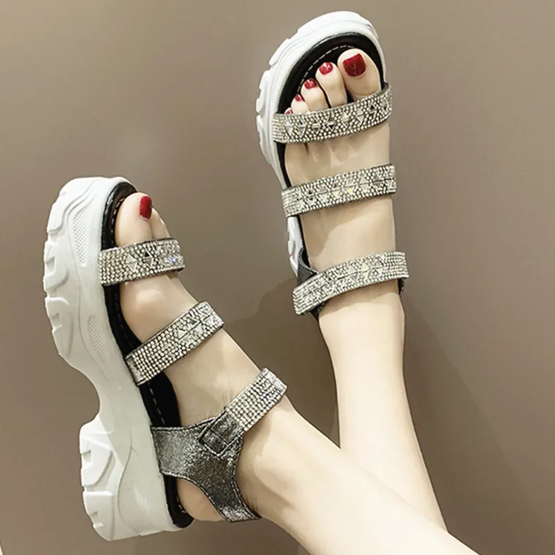 

Women Sandals Summer Rhinestone Bling Ladies Shoes Black White Platform Ladies Shoes Beach Casual Breathable Flat Shoes 5250w