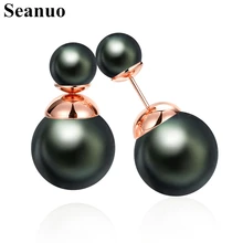 Seanuo,, серьги-гвоздики с двойным натуральным жемчугом для женщин, ювелирное изделие, модное розовое золото/серебро, женские свадебные милые серьги, подарки
