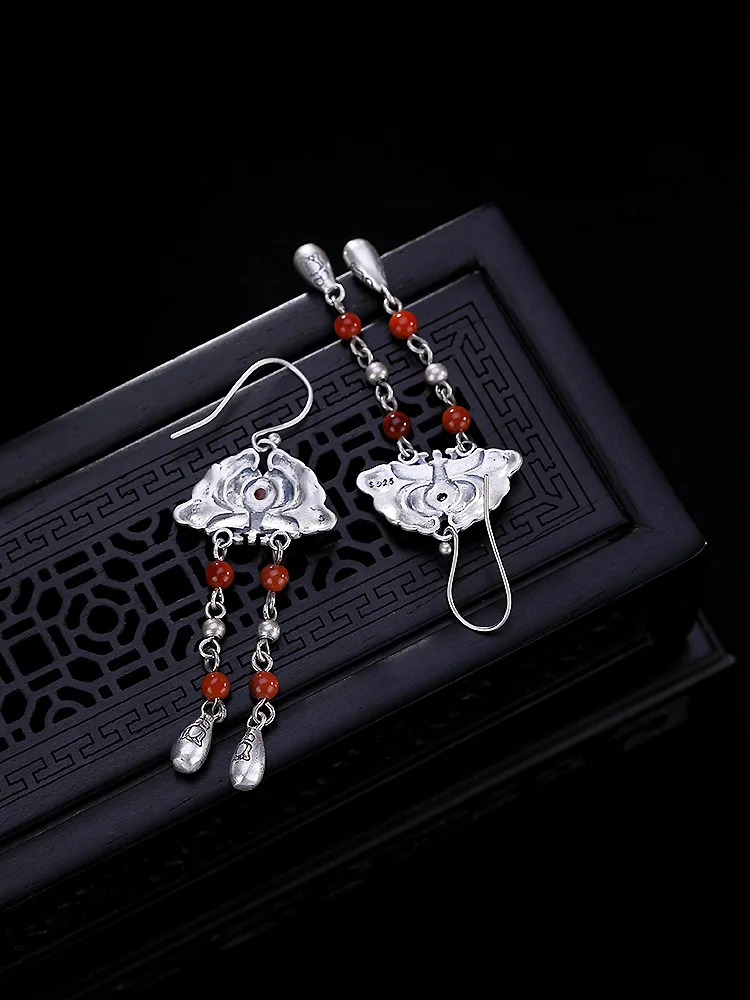 С Бахромой Заявление висячие серьги 100% Настоящее серебро 925 пробы Jewelry Для женщин Винтаж Агат Bat Серьги падения 2019 E15