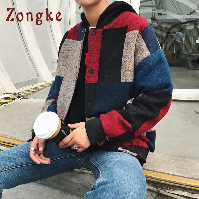 Мужская шерстяная куртка бомбер Zongke зимняя в клетку стиле хип хоп 5XL 2020|Куртки| |