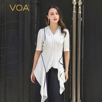 

VOA 100% Heavy Silk T Shirt Women V Neck Tee Half Sleeve Ladies Tops White Office Work Clothing Elegant Irregular harajuku B916
