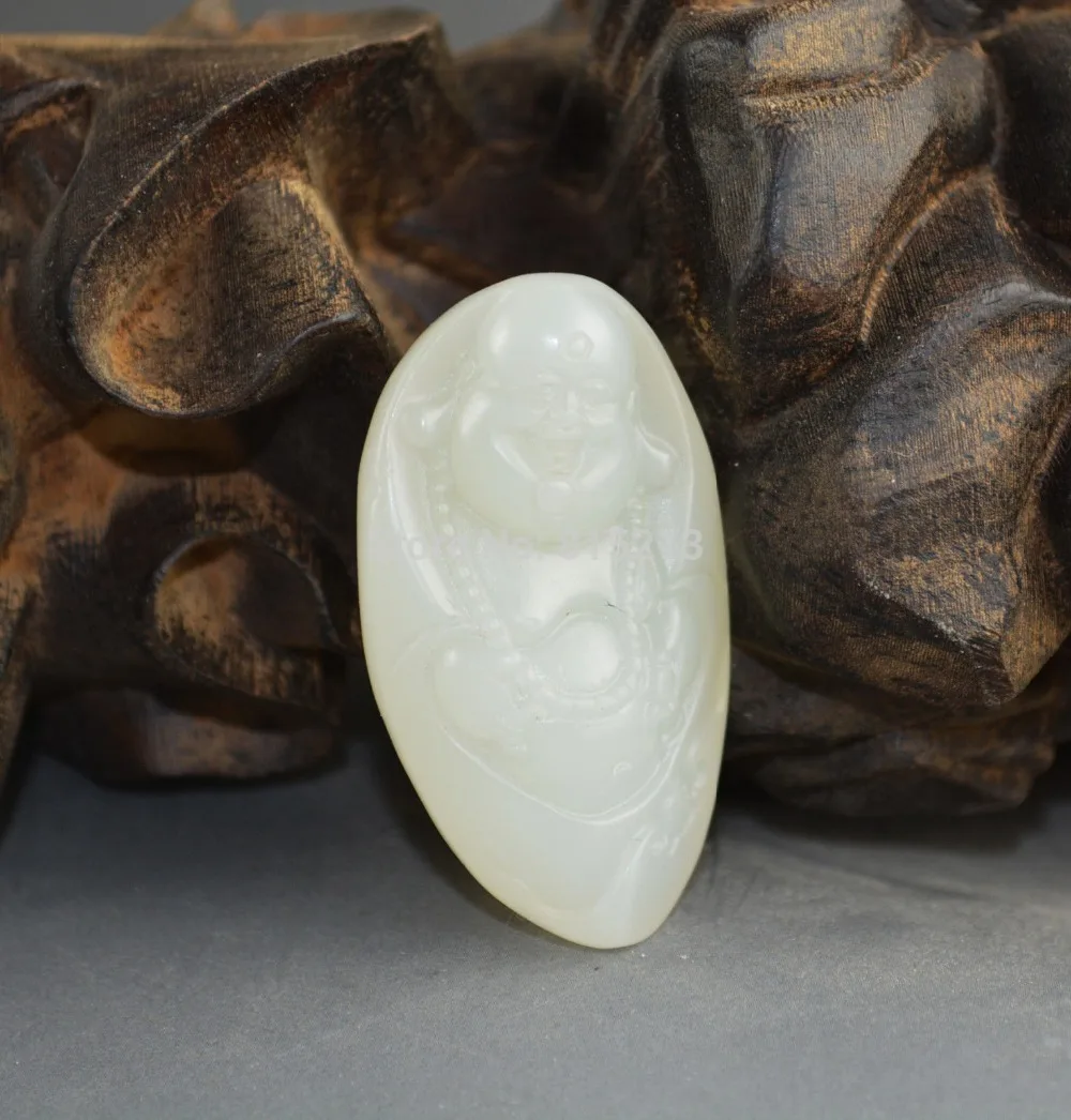 

FREE SHIPPING ddh001369 hetian Nephrite white jadeite necklace pendant happy smile buddha statue
