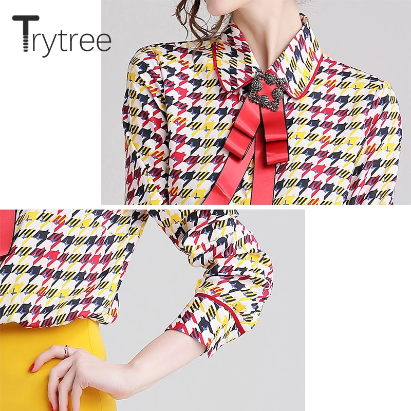Осенне Летняя женская блузка Trytree Повседневная рубашка из полиэстера топы с