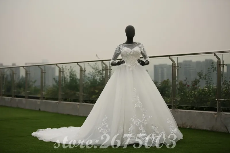 Real Photo 3/4 Sleeve Heavy Beading Modest Hand Made Wedding Dresses Ball Gown