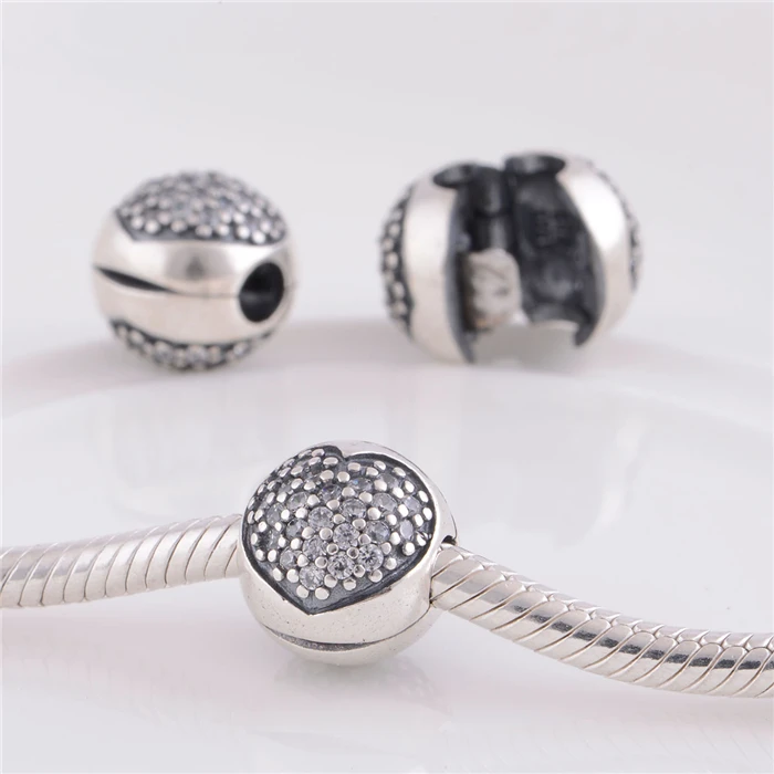 

Authentic 925 Sterling Silver Pave Heart Clear CZ Clip Beads DIY Craft Jewelry Fit Original Brand Charms Bracelet / Pendants
