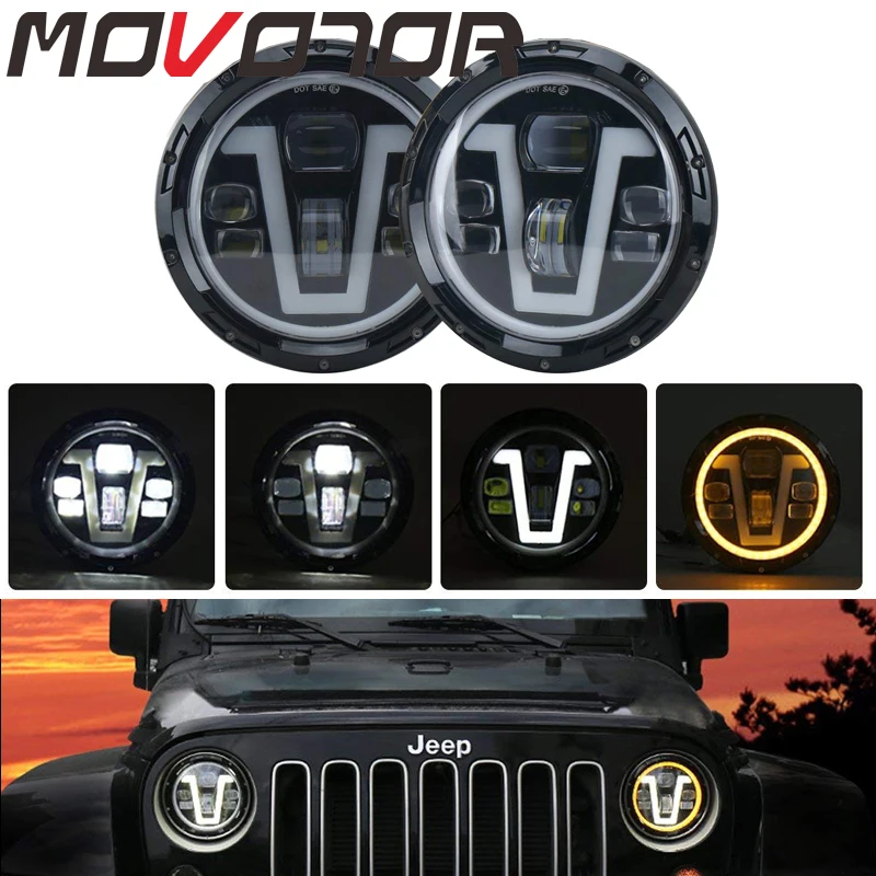 

7 Inch Led Headlights for Land Rover Defender 50W Round Led Lights V type DRL Amber Turn Signal Lights for Jeep Wrangler JK 1Set