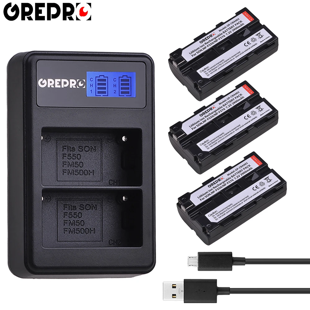 

GREPRO 3pcs 2900mAh Battery NP-F550 NP F550 NP-F330 NP F330 Camera Battery+LCD USB Dual Charger for Sony NP-F550 NP-750 Bateria