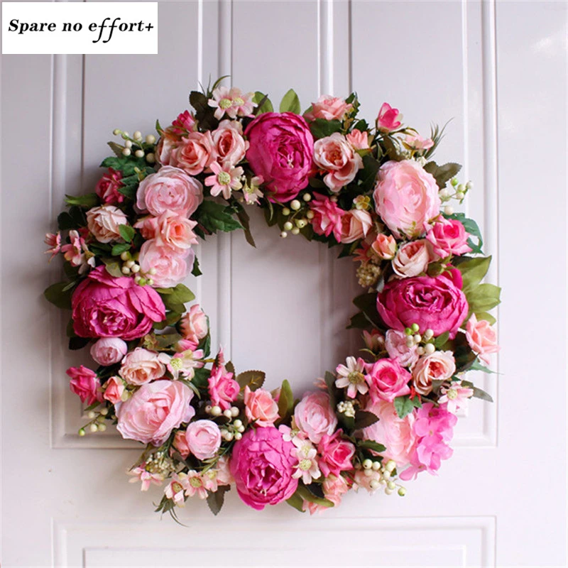 

45CM Lifelike Artificial Peony Wreath Flowers Door Hanging Wall Window Wedding Party Christmas Decor Free shipping