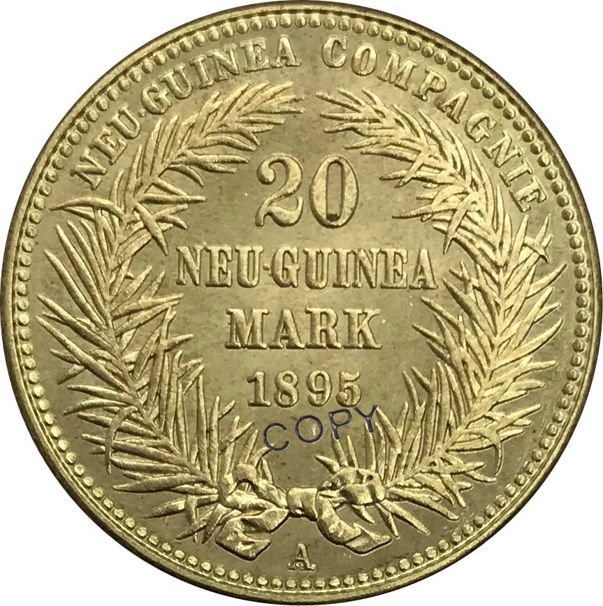 1895 Германия 20 Марка Новая Guinea Wilhelm II Золотая монета латунная Коллекционная КОПИЯ