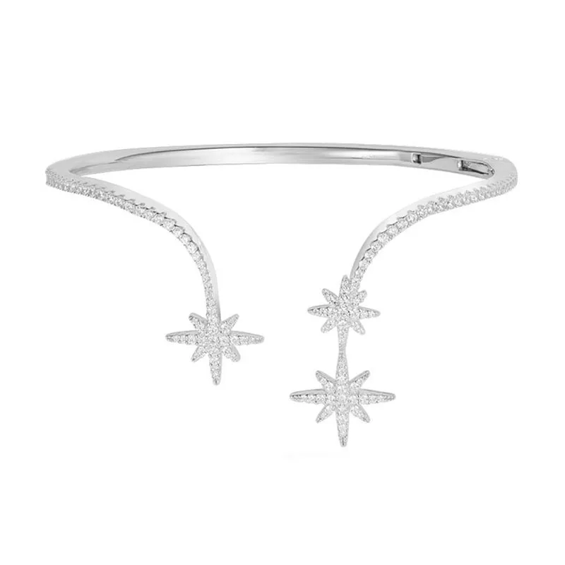 

SLJELY 925 Sterling Silver Meteorites Statement Open Cuff Zirconia Stones 3 Stars Bangle Bracelet Women Luxury Monaco Jewelry