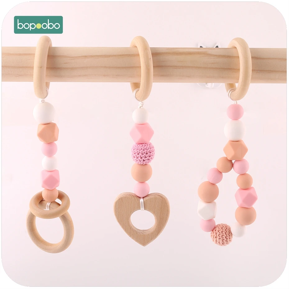 

MamimamiHome Baby Play Gym Toys Can Chew 3pc Wooden Ring Teething Beads Silicone Bead Children Montessori Toys Baby Rattles