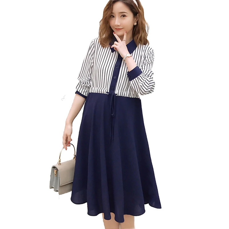 

Maternity Nursing Dress OL Navy Stripes Patchwork Breastfeeding Shirt Dress for Pregnant Women Pregnancy Casual Fashion Clothes