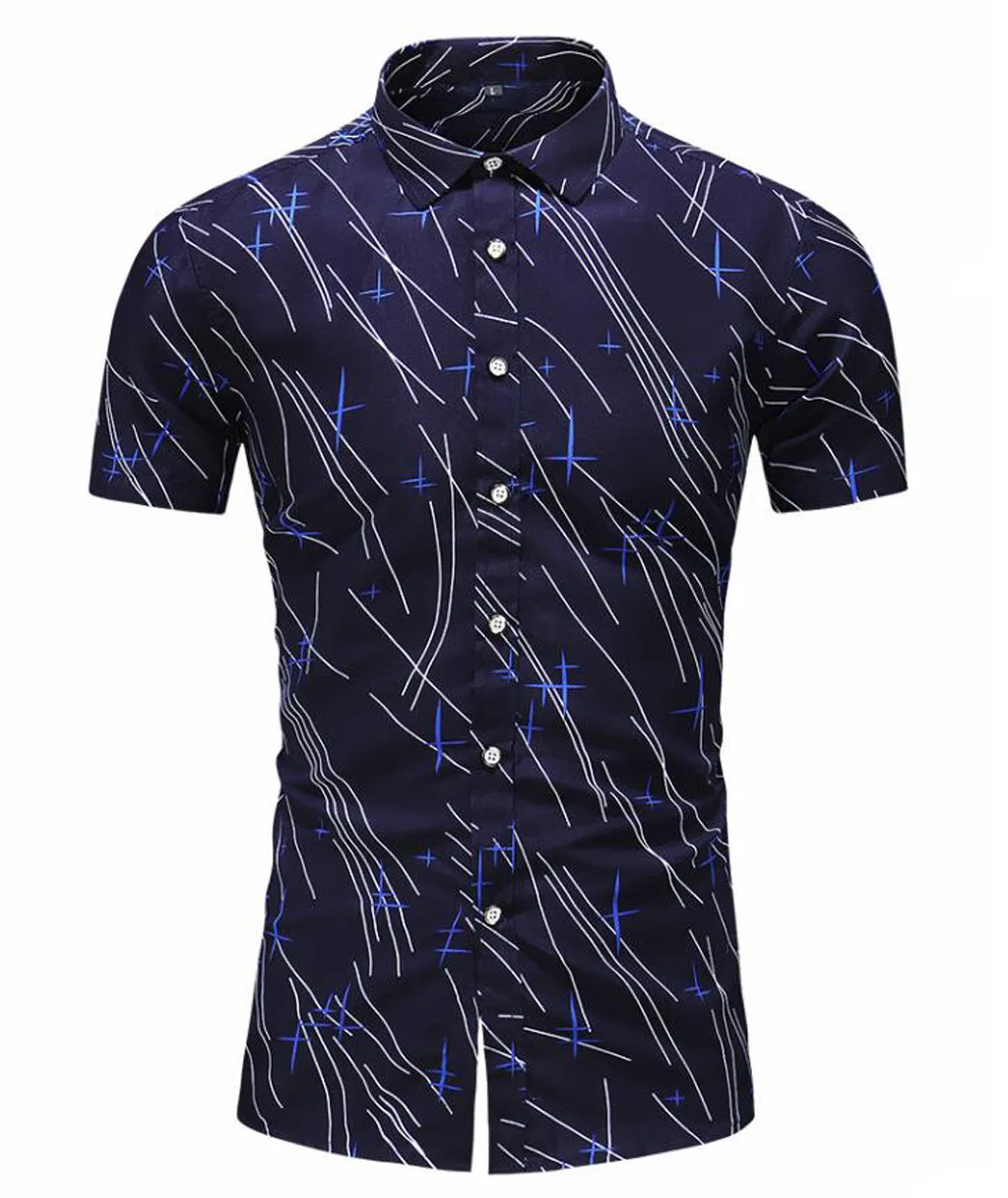 Мужская рубашка, мужская рубашка с принтом и отложным воротником, приталенная рубашка с коротким рукавом, топ, блузка