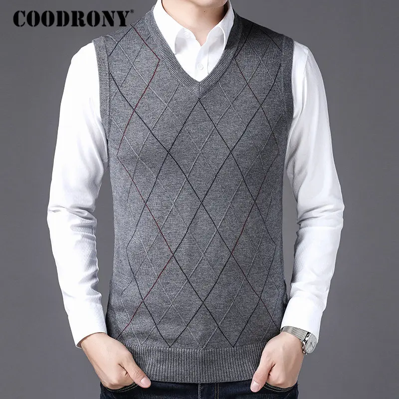 COODRONY ثقافاتنا عارضة الخامس الرقبة سترة دون أكمام الرجال الملابس 2019 الخريف الشتاء جديد وصول محبوك الكشمير رداء علوي من الصوف سترة 8174