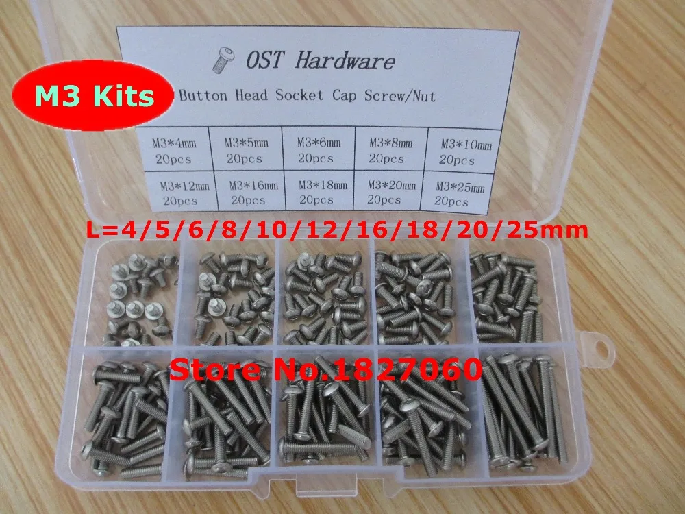 

200pcs M3 Screw Kits ISO7380 Allen Bolts Button Head Hex Socket Cap Screws Assortment Kit M3*4/5/6/8/10/12/16/18/20/25mm