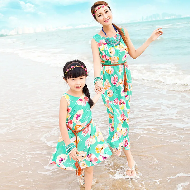 Family Look 2022 New Matching Mother and Daughter Dresses Bohemian Floral Printing Sleeveless Maxi Dress Plus Size | Мать и ребенок