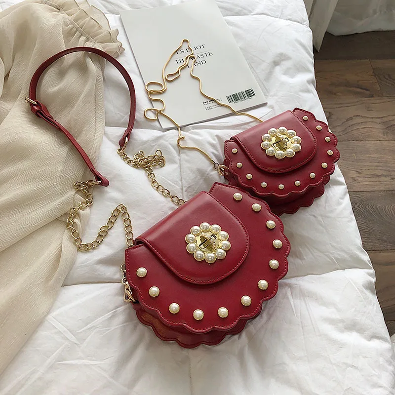 

Mom and Kid Crossbody Bag Summer Chains Female 2019 New Girl's Pearl Saddle Shoulder Handbag Fashion PU Cute Women Messenger Bag