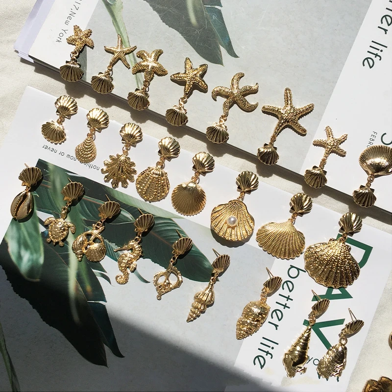 

Fashion Women Boho Style Gold Starfish turtle Conch Cowary Sea Shell Big Circle Drop Earrings High Quality Shell Dangle Earrings