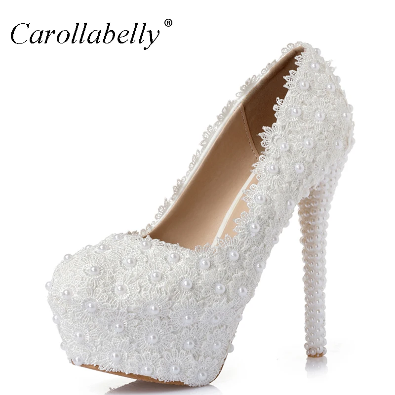 Women Fashion Sweet White red Flower Lace Platform High Heels Pearls rhinestone Wedding Shoes Bride Dress Shoes