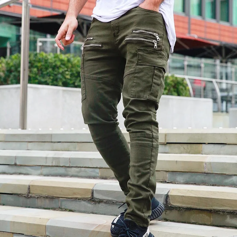 Maoxzon мужские повседневные эластичные обтягивающие длинные штаны для активного отдыха, черные летние модные штаны-карандаш с карманами на молнии для тренировок
