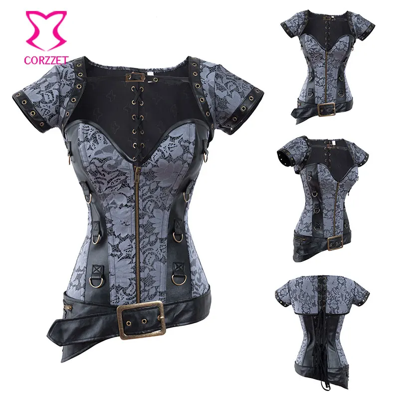 

Floral Brocade Leather Steel Boned Overbust Corset Steampunk Jacket & Waist Belt Gothic Clothing Burlesque Corsets and Bustiers