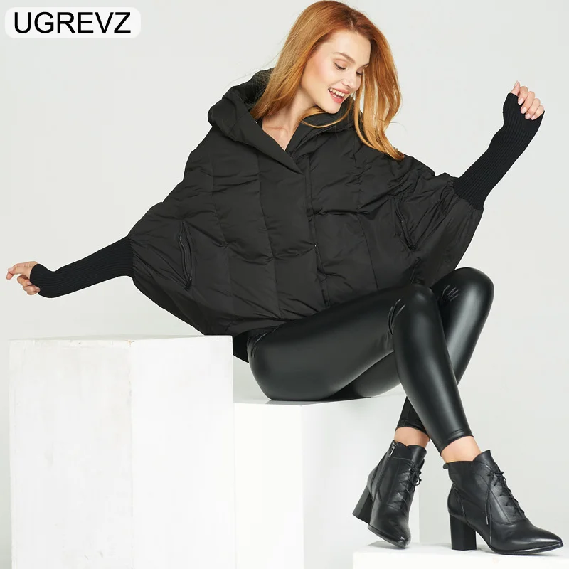 UGREVZ 2018 New Winter Fashion Loose Short Women Coat Bat Sleeve Cloak Hooded Women Parkas Solid Color Wild Coat Coats