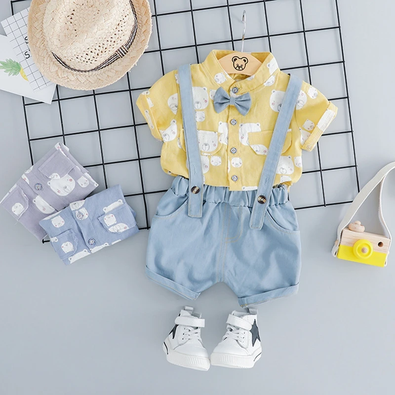 

2019 Summer Baby's Sets Boys Cartoon Bear Short Sleeve Bowtie Shirt Tops + Denim Jeans Overalls Shorts Kids Party 2Pcs Suits