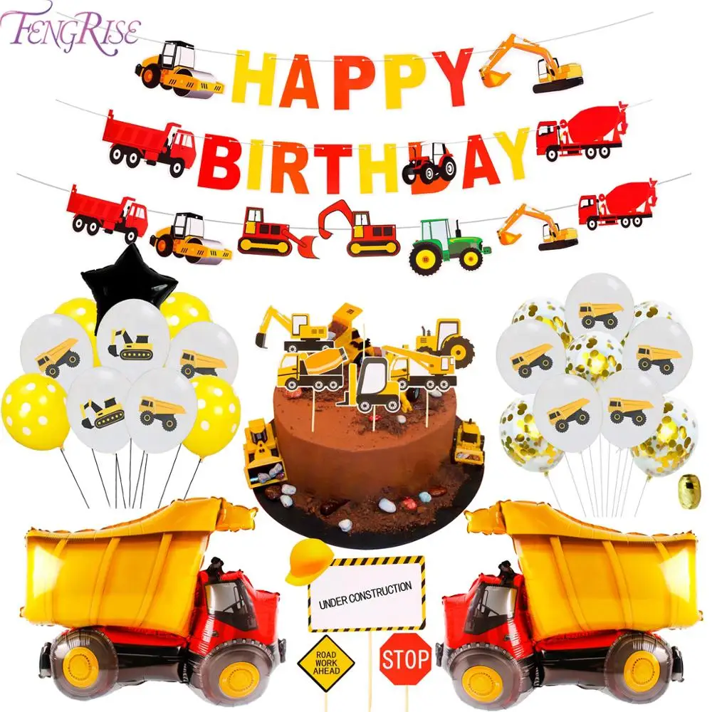 Excavator Vehicle Birthday Balloons Truck Cake Topper Happy Birthday Banner Construction Birthday Party Decor Kids Baby Shower