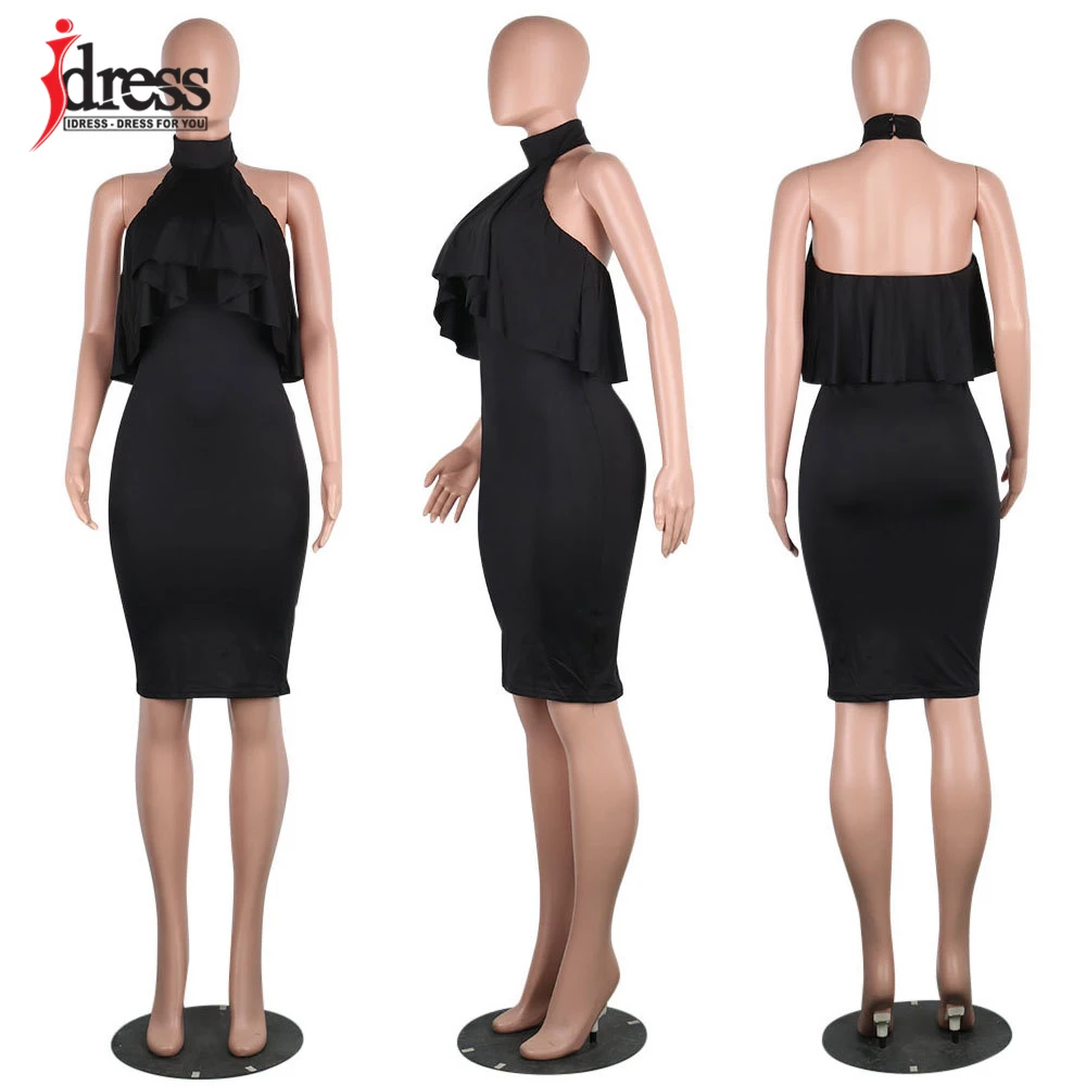 IDress Black Blue Green Red Dress Summer Women's Sexy Ruched Off Shoulder Halter Neck Bodycon Club Lotus Collar Midi Dress (1)