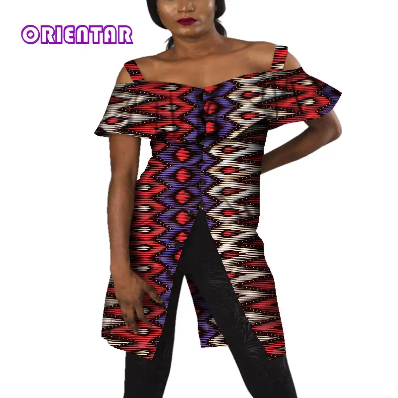 Модная африканская одежда для женщин Африканский воск печати Длинные Топы Базен Riche Лето Slash шеи Блузка африканская одежда для женщин WY4549