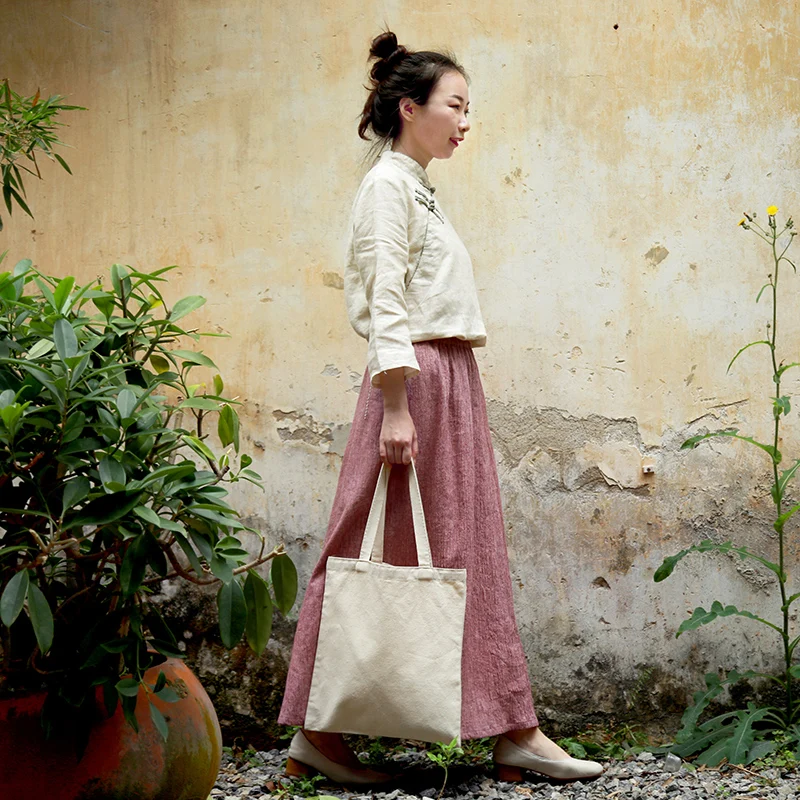 LZJN Women High Elastic Waist A-Line Solid Spring Summer Casual Long Skirts Vintage Female Cotton Linen Midi Skirt  (7)